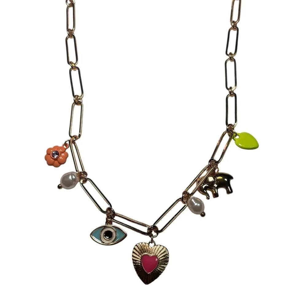 Ivory Ella Charm Necklace Gold Link with Hearts, Elephant, Evil Eye NWT